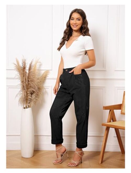 GRAPENT Corduroy Pants for Women Casual Stretchy High Waisted Straight Leg Trousers Comfy Loose Fit Slacks with Pockets