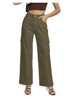 GRAPENT Cargo Jeans for Women Wide Leg Baggy High Waisted Jean Trousers Stretchy Denim Cargo Pants with Pockets Y2K