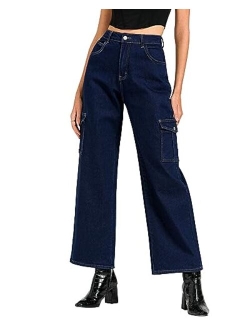 GRAPENT Cargo Jeans for Women Wide Leg Baggy High Waisted Jean Trousers Stretchy Denim Cargo Pants with Pockets Y2K