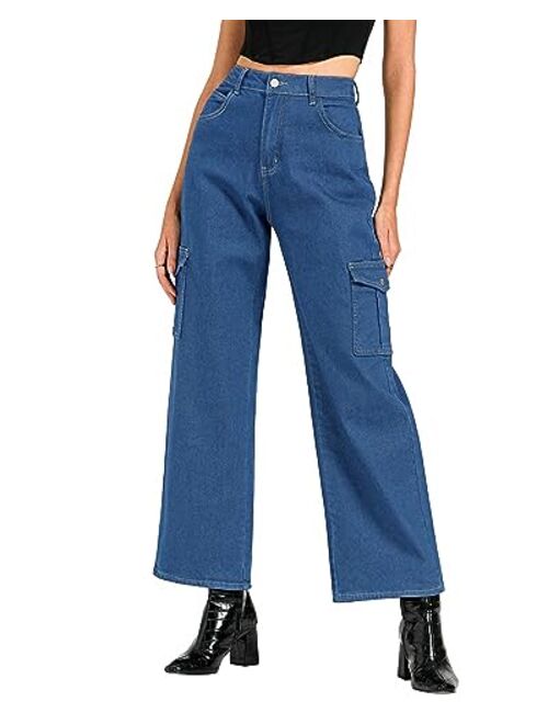 GRAPENT Cargo Jeans for Women Wide Leg Baggy High Waisted Jean Trousers Stretchy Denim Cargo Pants with Pockets Y2K