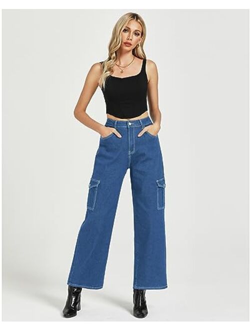 GRAPENT Cargo Jeans for Women Wide Leg Baggy High Waisted Jean Trousers Stretchy Denim Cargo Pants with Pockets Y2K