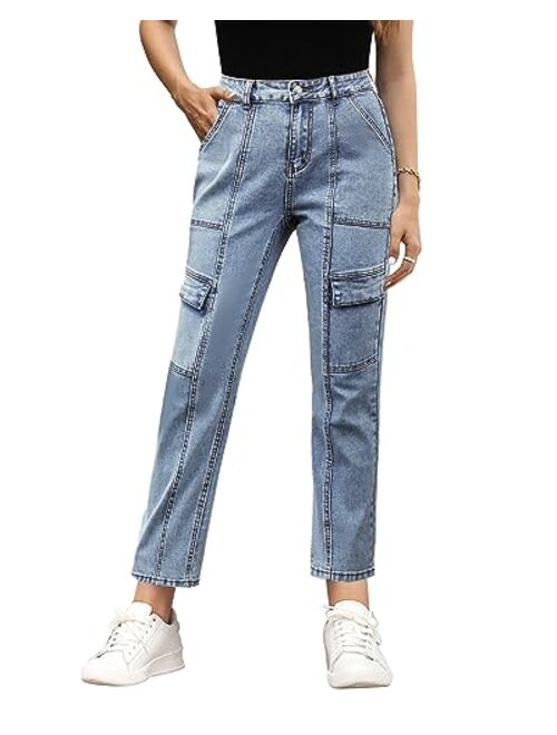 GRAPENT 2023 Jeans for Women Fashion Cargo Pants High Waisted Stretch Straight Leg Distressed Denim Pants