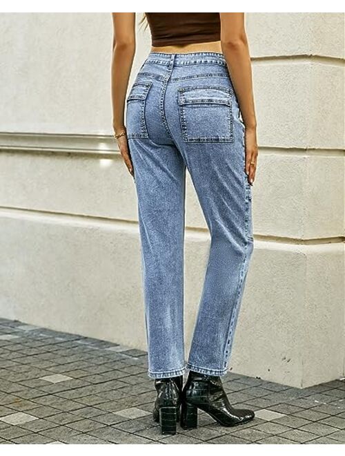 GRAPENT 2023 Jeans for Women Fashion Cargo Pants High Waisted Stretch Straight Leg Distressed Denim Pants