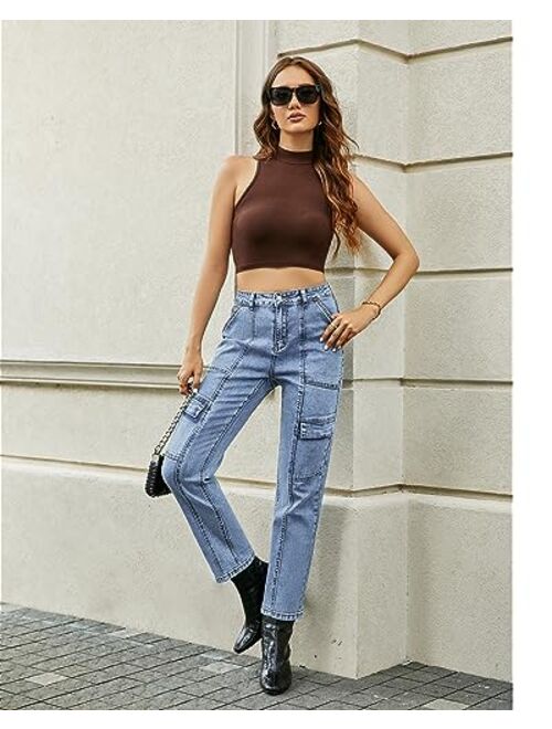 GRAPENT 2023 Jeans for Women Fashion Cargo Pants High Waisted Stretch Straight Leg Distressed Denim Pants