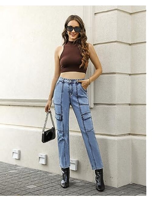 GRAPENT 2023 Jeans for Women Fashion Cargo Pants High Waisted Stretch Straight Leg Distressed Denim Pants