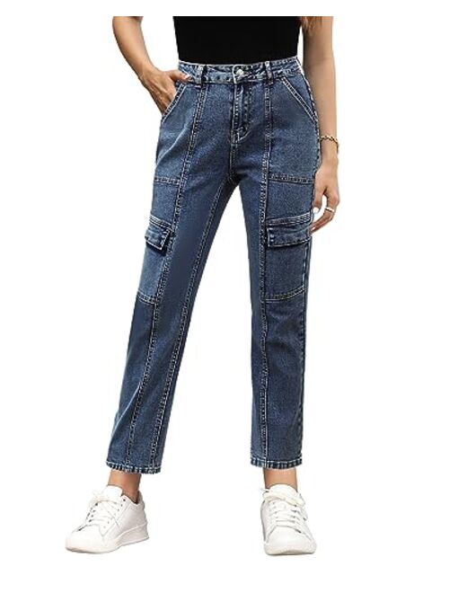 GRAPENT 2023 Jeans for Women Fashion Cargo Pants High Waisted Stretch Straight Leg Distressed Denim Pants