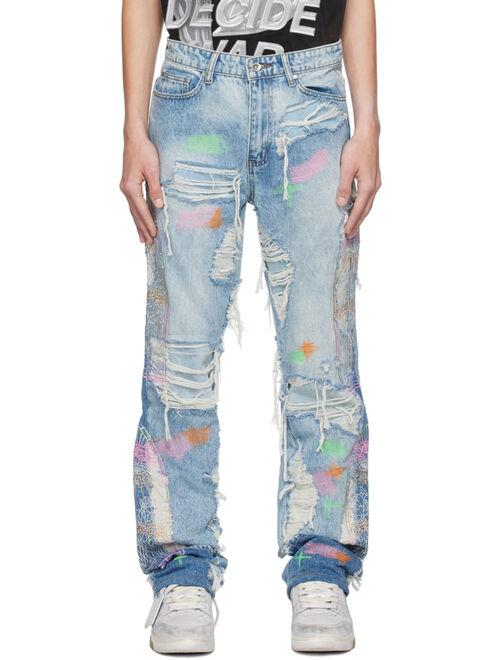 WHO DECIDES WAR Blue Embroidered Jeans