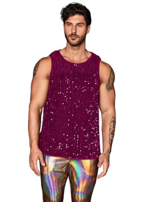 WDIRARA Men's Plus Size Sequin Sleeveless Round Neck Tank Top T Shirt Party Clubwear Top