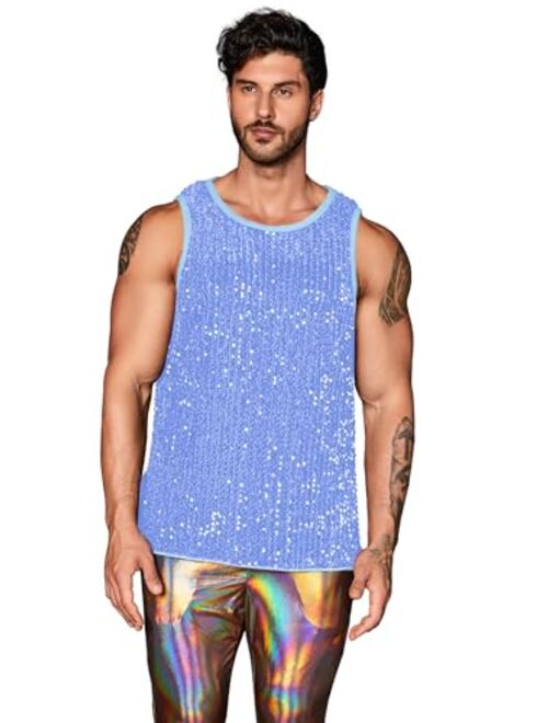 WDIRARA Men's Plus Size Sequin Sleeveless Round Neck Tank Top T Shirt Party Clubwear Top