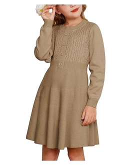 Girl Sweater Dress Long Sleeve Ruffle Button Front Knit Casual Fall Dresses for Girls 5-12