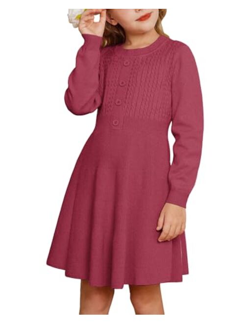 GRACE KARIN Girl Sweater Dress Long Sleeve Ruffle Button Front Knit Casual Fall Dresses for Girls 5-12