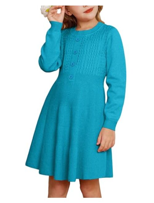 GRACE KARIN Girl Sweater Dress Long Sleeve Ruffle Button Front Knit Casual Fall Dresses for Girls 5-12