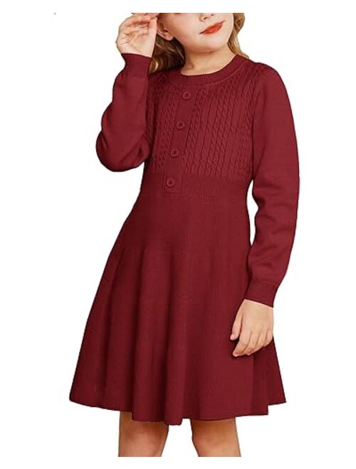 GRACE KARIN Girl Sweater Dress Long Sleeve Ruffle Button Front Knit Casual Fall Dresses for Girls 5-12