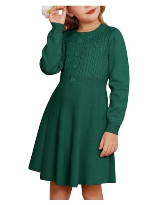 GRACE KARIN Girl Sweater Dress Long Sleeve Ruffle Button Front Knit Casual Fall Dresses for Girls 5-12