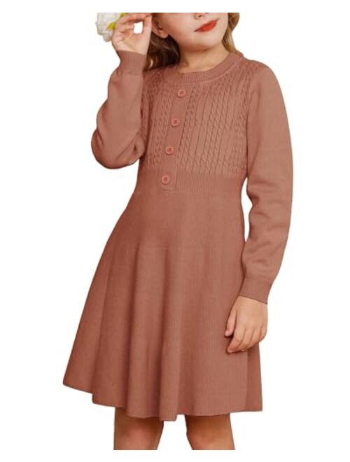 GRACE KARIN Girl Sweater Dress Long Sleeve Ruffle Button Front Knit Casual Fall Dresses for Girls 5-12