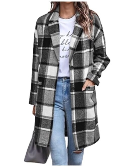 Zeagoo Women 2023 Plaid Jacket Mid Length Trench Coat Fall Wool Pea Coat with Pockets