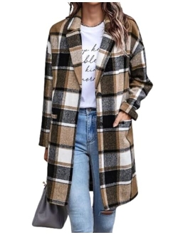 Zeagoo Women 2023 Plaid Jacket Mid Length Trench Coat Fall Wool Pea Coat with Pockets