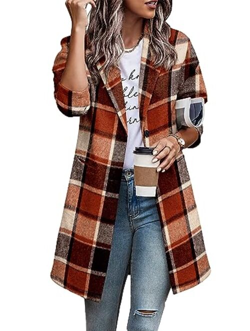 Zeagoo Women 2023 Plaid Jacket Mid Length Trench Coat Fall Wool Pea Coat with Pockets