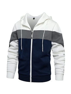 DUOFIER Men's Hoodies Zip Front Sweatshirt Color Blocking Hooded