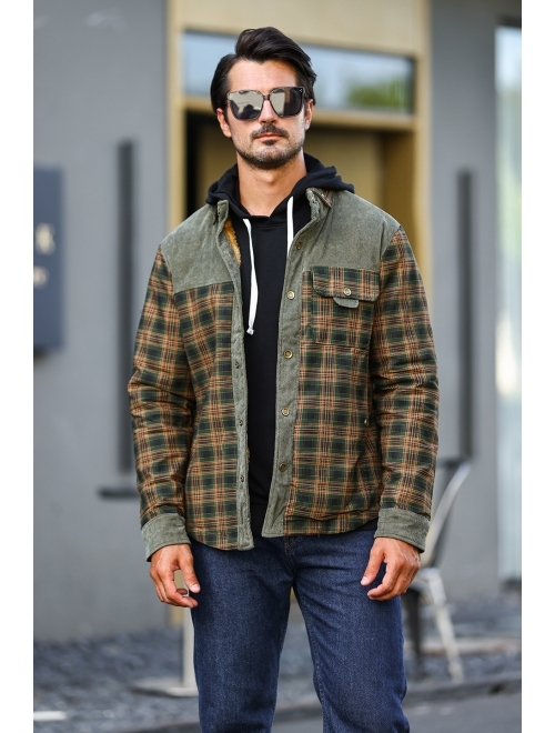 HYPESTFIT Men's Corduroy Plaid Sherpa Lined Flannel Shirt Jacket Fleece Coat