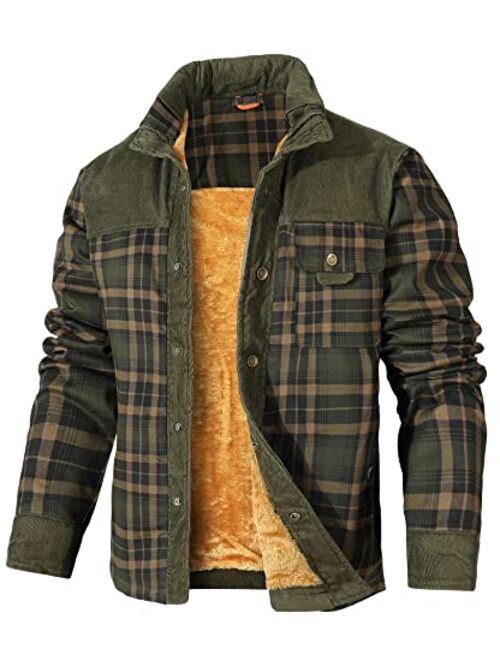 HYPESTFIT Men's Corduroy Plaid Sherpa Lined Flannel Shirt Jacket Fleece Coat