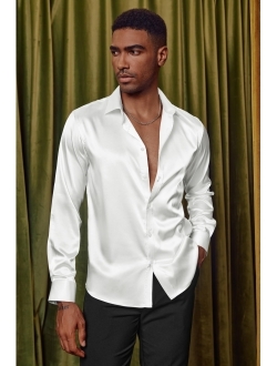 Men's Shiny Satin Dress Shirts Long Sleeve Button Down Silk Shirt with Bow Tie