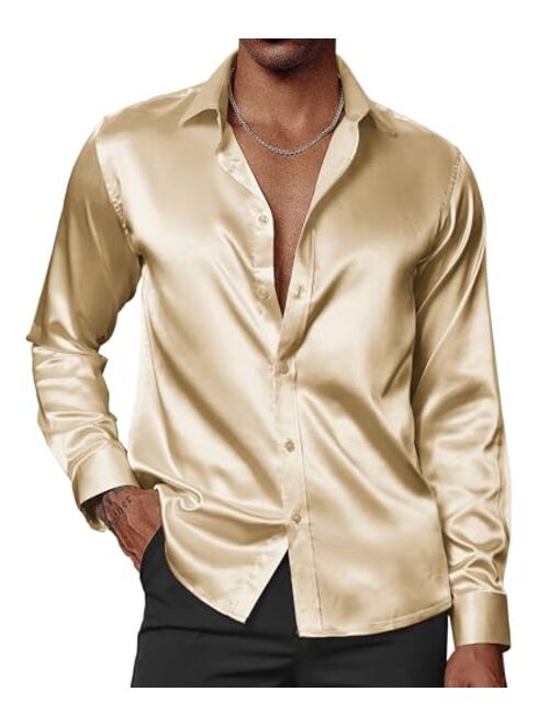 PJ PAUL JONES Men's Shiny Satin Dress Shirts Long Sleeve Button Down Silk Shirt with Bow Tie