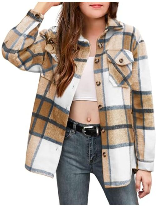 Arshiner Girls Flannel Plaid Jackets Button Down Long Sleeve Shirts Blouses Tops with Pockets Outfits