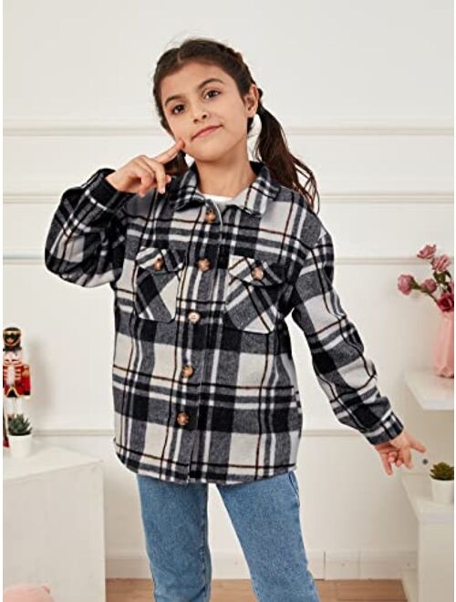 Ofenbuy Kids Girls Long Sleeve Plaid Shirt Button Down Lapel Shacket Jacket Coat