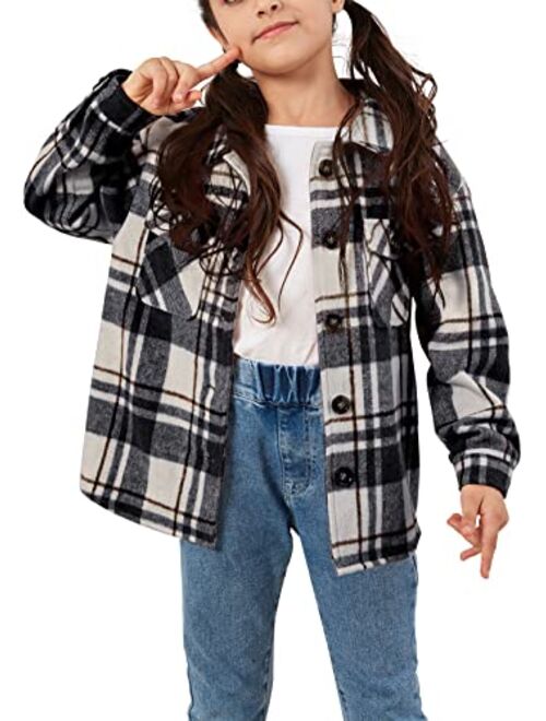 Ofenbuy Kids Girls Long Sleeve Plaid Shirt Button Down Lapel Shacket Jacket Coat