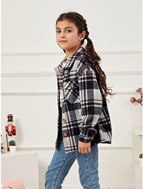 Ofenbuy Kids Girls Long Sleeve Plaid Shirt Button Down Lapel Shacket Jacket Coat