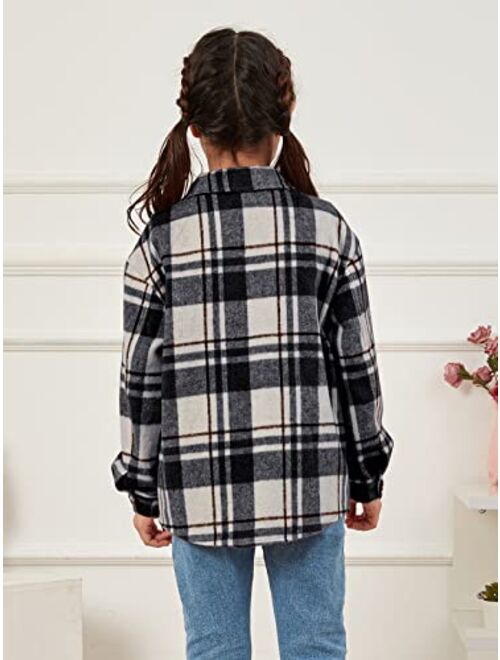 Ofenbuy Kids Girls Long Sleeve Plaid Shirt Button Down Lapel Shacket Jacket Coat