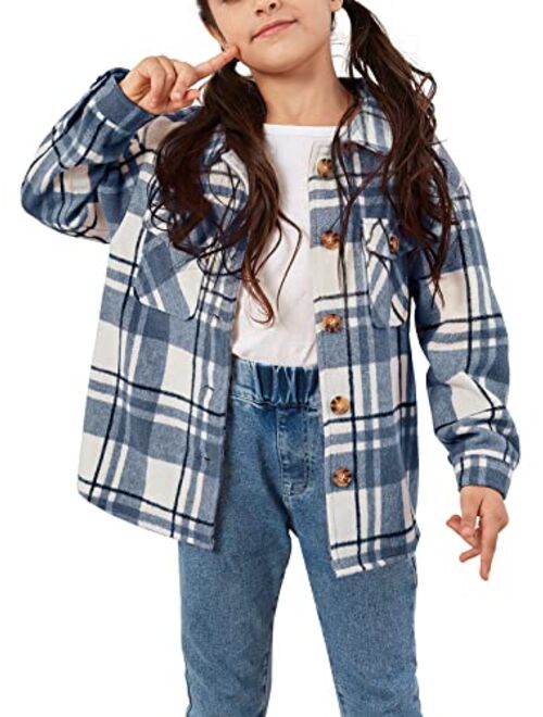 Ofenbuy Kids Girls Long Sleeve Plaid Shirt Button Down Lapel Shacket Jacket Coat