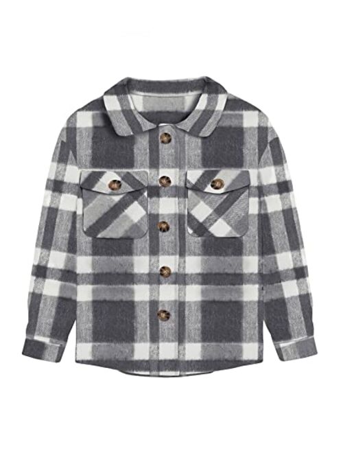 Ofenbuy Kids Girls Long Sleeve Plaid Shirt Button Down Lapel Shacket Jacket Coat