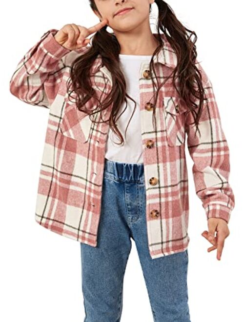 Ofenbuy Kids Girls Long Sleeve Plaid Shirt Button Down Lapel Shacket Jacket Coat