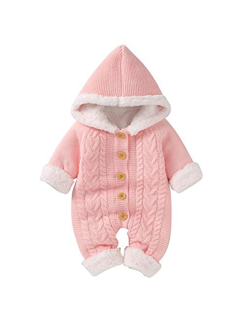 Camidy Baby Hooded Jumpsuit,Toddler Knitted Romper Cotton Long Sleeve One-Piece Coveralls