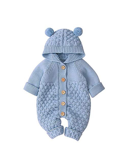 OBEEII Baby Girl Boy Sweater Romper Knitted Overall Hooded Jumpsuit Cute Warm Clothes