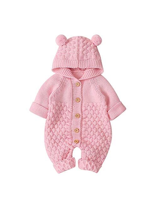 OBEEII Baby Girl Boy Sweater Romper Knitted Overall Hooded Jumpsuit Cute Warm Clothes