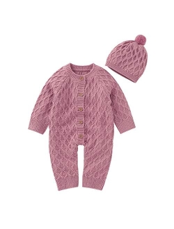 Hadetoto Newborn Baby Sweater Romper Knitted Sweater Long Sleeve Jumpsuit Outfits with Warm Hat