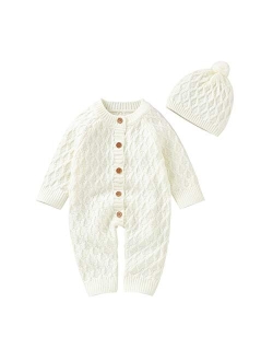 Hadetoto Newborn Baby Sweater Romper Knitted Sweater Long Sleeve Jumpsuit Outfits with Warm Hat
