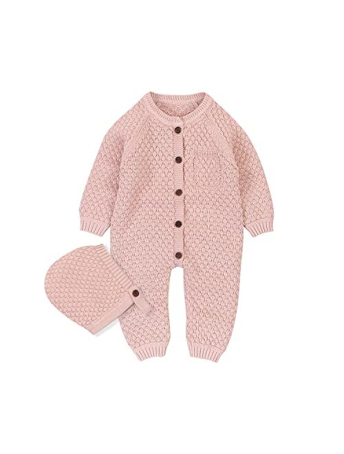 mimixiong Cotton Baby Romper Newborn Baby Knitted Clothes Longsleeve Sweater Outfit for Boy and Girls with Warm Hat Set