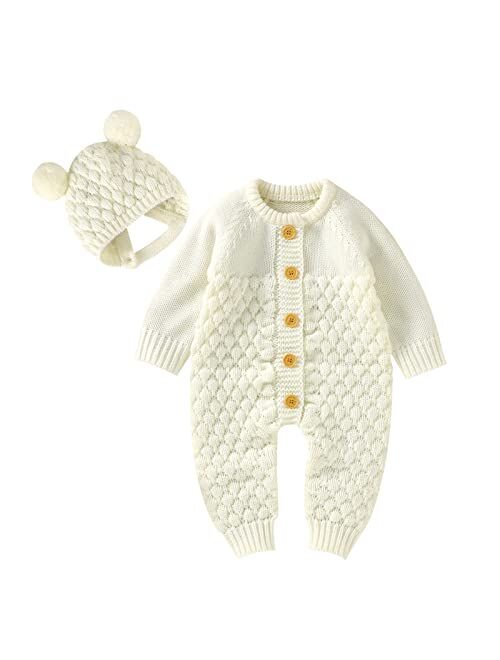 mimixiong Cotton Baby Romper Newborn Baby Knitted Clothes Longsleeve Sweater Outfit for Boy and Girls with Warm Hat Set