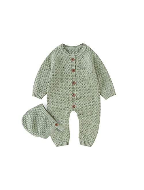 mimixiong Cotton Baby Romper Newborn Baby Knitted Clothes Longsleeve Sweater Outfit for Boy and Girls with Warm Hat Set