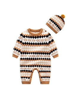 JunNeng Baby Newborn Cotton Knitted Sweater Romper Longsleeve Outfit with Warm Hat Set