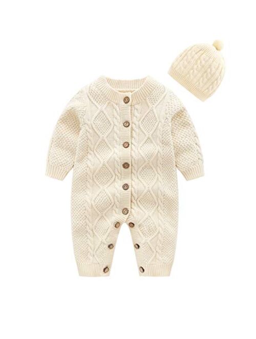 JunNeng Baby Newborn Cotton Knitted Sweater Romper Longsleeve Outfit with Warm Hat Set