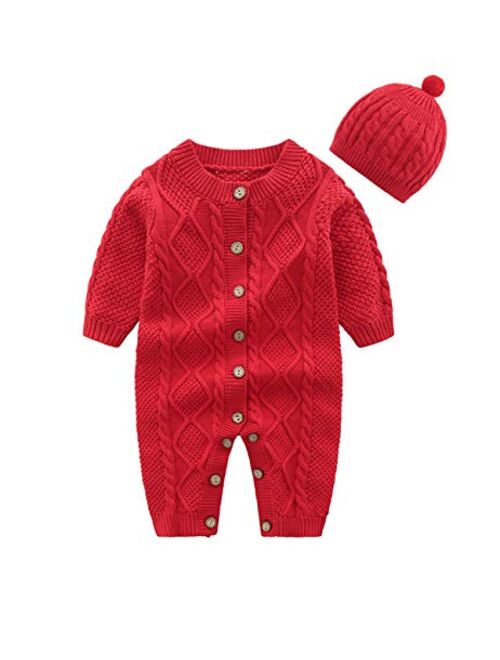 JunNeng Baby Newborn Cotton Knitted Sweater Romper Longsleeve Outfit with Warm Hat Set