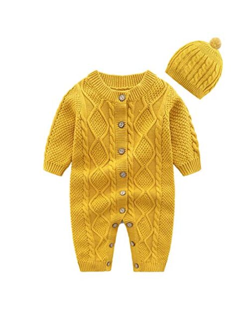 JunNeng Baby Newborn Cotton Knitted Sweater Romper Longsleeve Outfit with Warm Hat Set