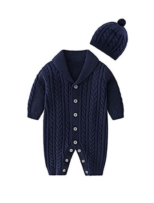 JunNeng Baby Newborn Cotton Knitted Sweater Romper Longsleeve Outfit with Warm Hat Set