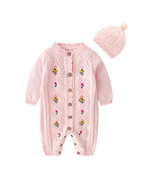 JunNeng Baby Newborn Cotton Knitted Sweater Romper Longsleeve Outfit with Warm Hat Set