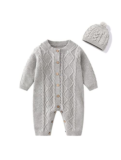 JunNeng Baby Newborn Cotton Knitted Sweater Romper Longsleeve Outfit with Warm Hat Set